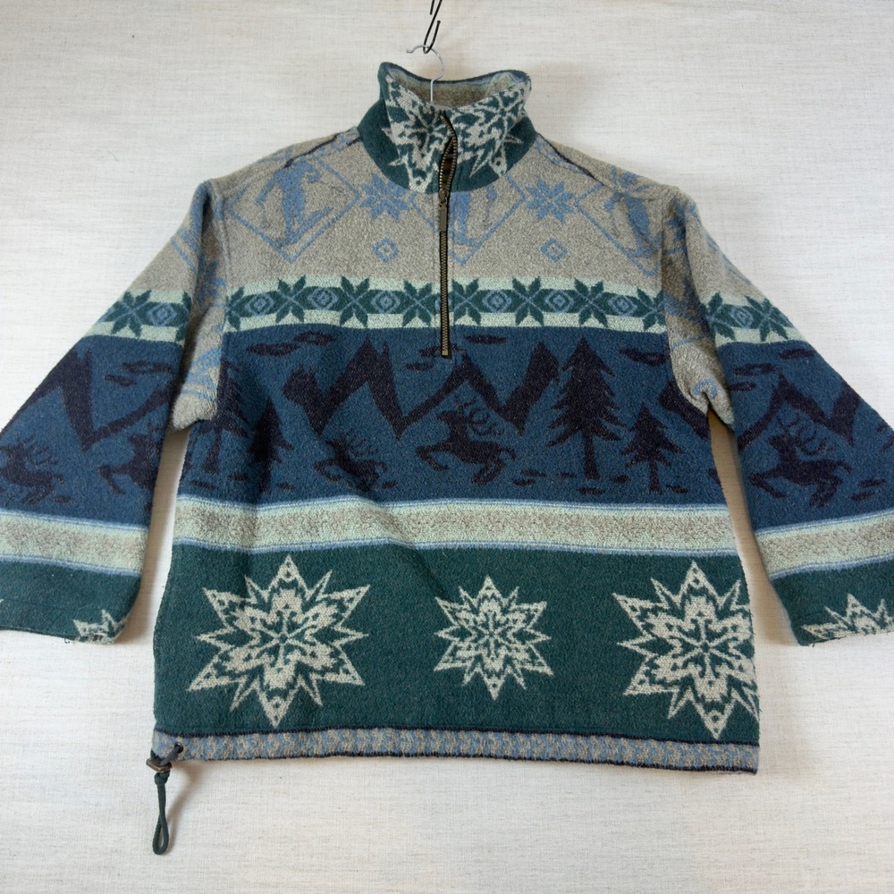Vintage LL Bean Nordic Reindeer Wool Blend Fleece Pullover Green Blue Womens M